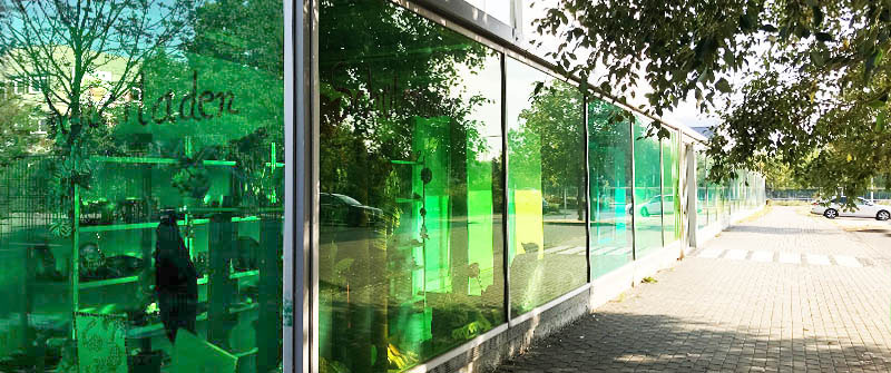 Schulsozialarbeit an der Schule am Mummelsoll, Förderzentrum, Schwerpunkt "Geistige Entwicklung", Berlin Marzahn-Hellersdorf, Blick in grüne Fenster